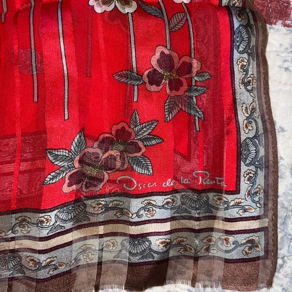 Vintage Oscar De La Renta silk oblong silk scarf fringe Japan 44” x 10”
